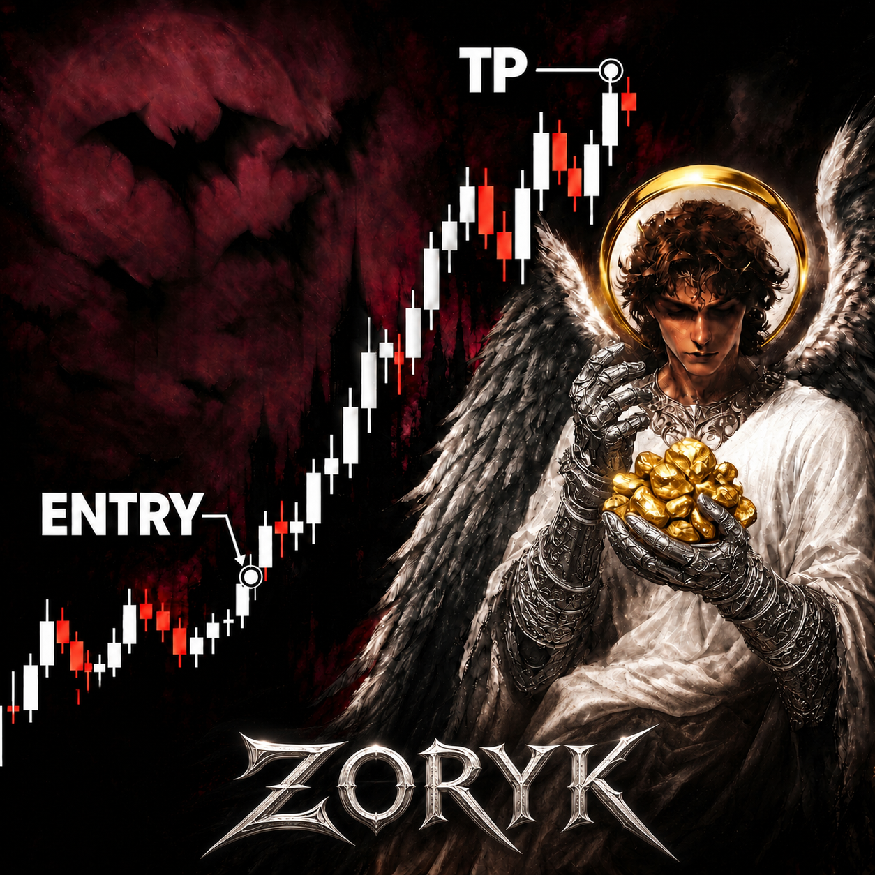Original ZORYK artwork: an armoured angel with a golden halo, gold and a rising candlestick chart